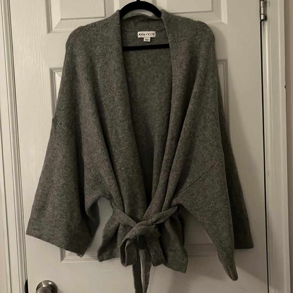 Gray Dolman Sleeve Cropped Tie Waist Cardigan
